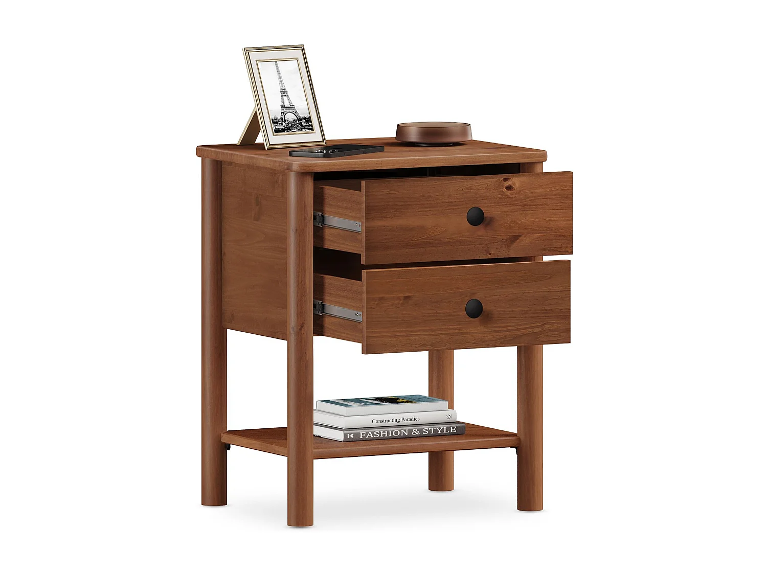 Table de chevet APOANA H 54 cm en Bois massif coloris châtaignier avec 2 Tiroirs et 1 Étagère inférieure