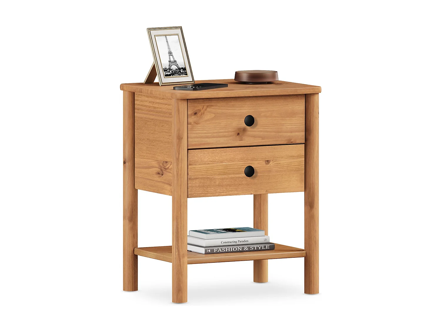 Table de chevet APOANA H 54 cm en Bois massif coloris chêne avec 2 Tiroirs et 1 Étagère inférieure