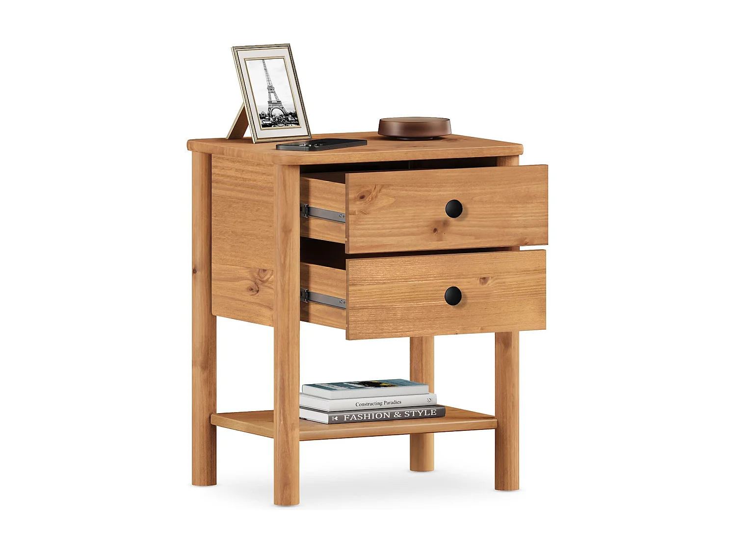 Table de chevet APOANA H 54 cm en Bois massif coloris chêne avec 2 Tiroirs et 1 Étagère inférieure