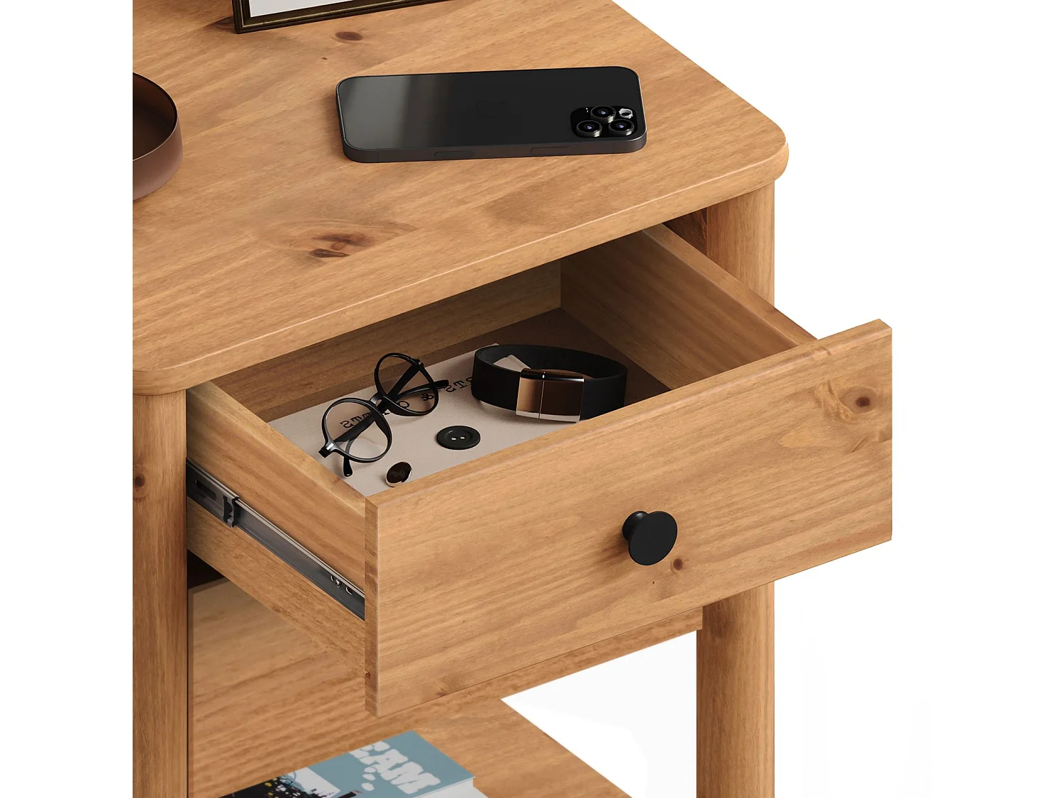 Table de chevet APOANA H 54 cm en Bois massif coloris chêne avec 2 Tiroirs et 1 Étagère inférieure