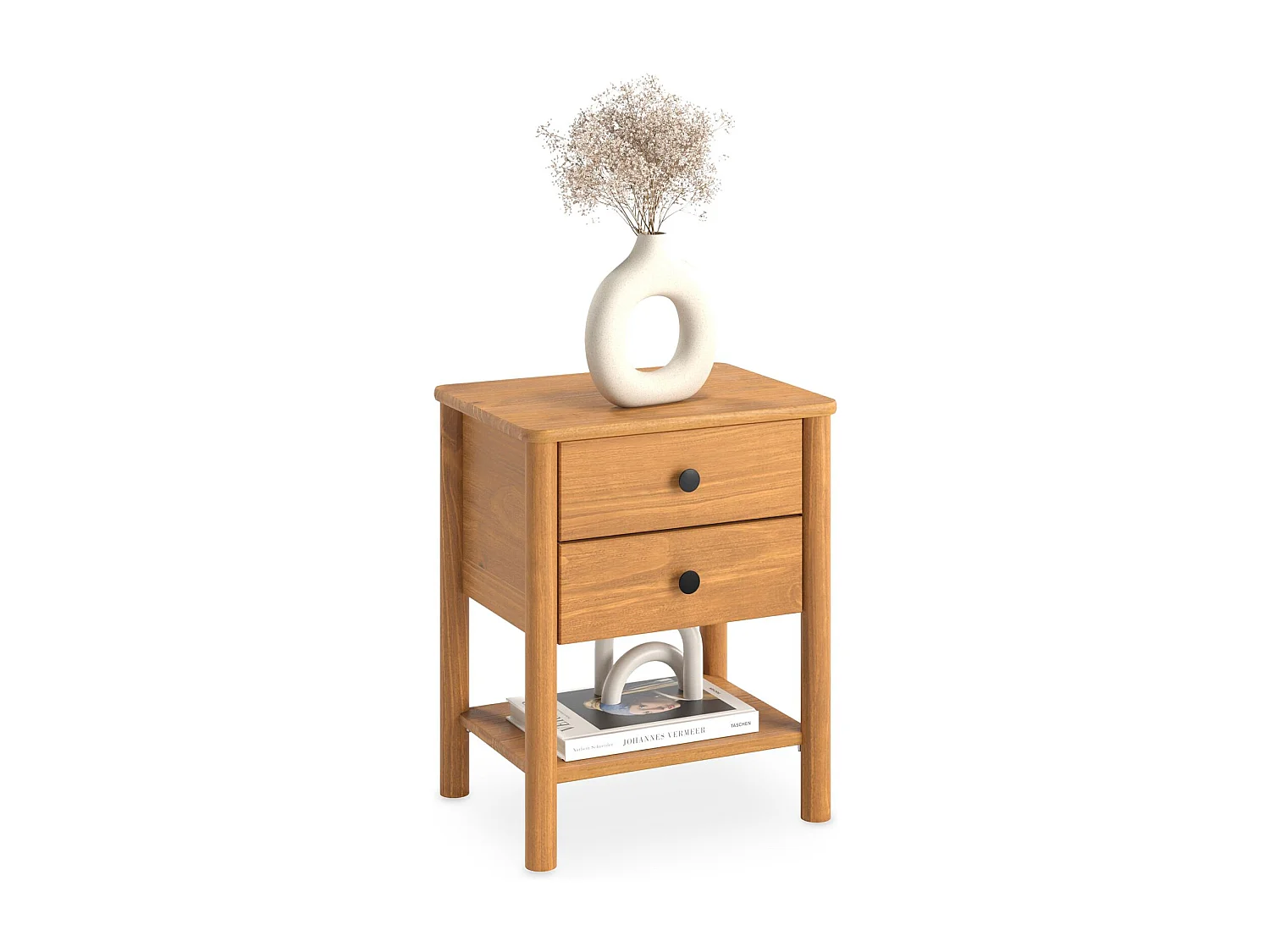 Table de chevet APOANA H 54 cm en Bois massif coloris chêne avec 2 Tiroirs et 1 Étagère inférieure