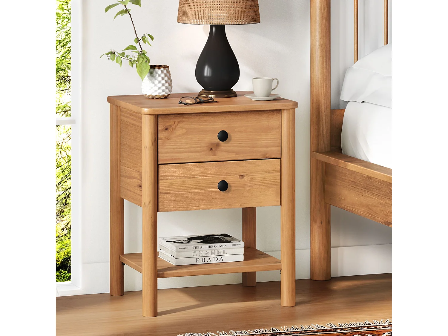 Table de chevet APOANA H 54 cm en Bois massif coloris chêne avec 2 Tiroirs et 1 Étagère inférieure