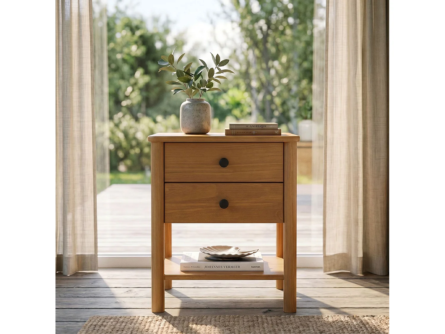 Table de chevet APOANA H 54 cm en Bois massif coloris chêne avec 2 Tiroirs et 1 Étagère inférieure