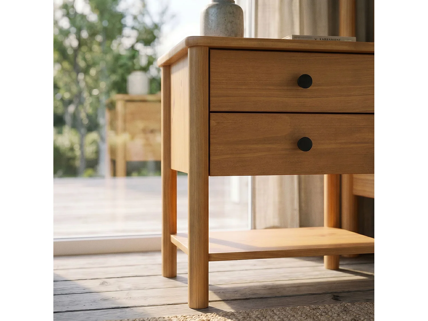 Table de chevet APOANA H 54 cm en Bois massif coloris chêne avec 2 Tiroirs et 1 Étagère inférieure
