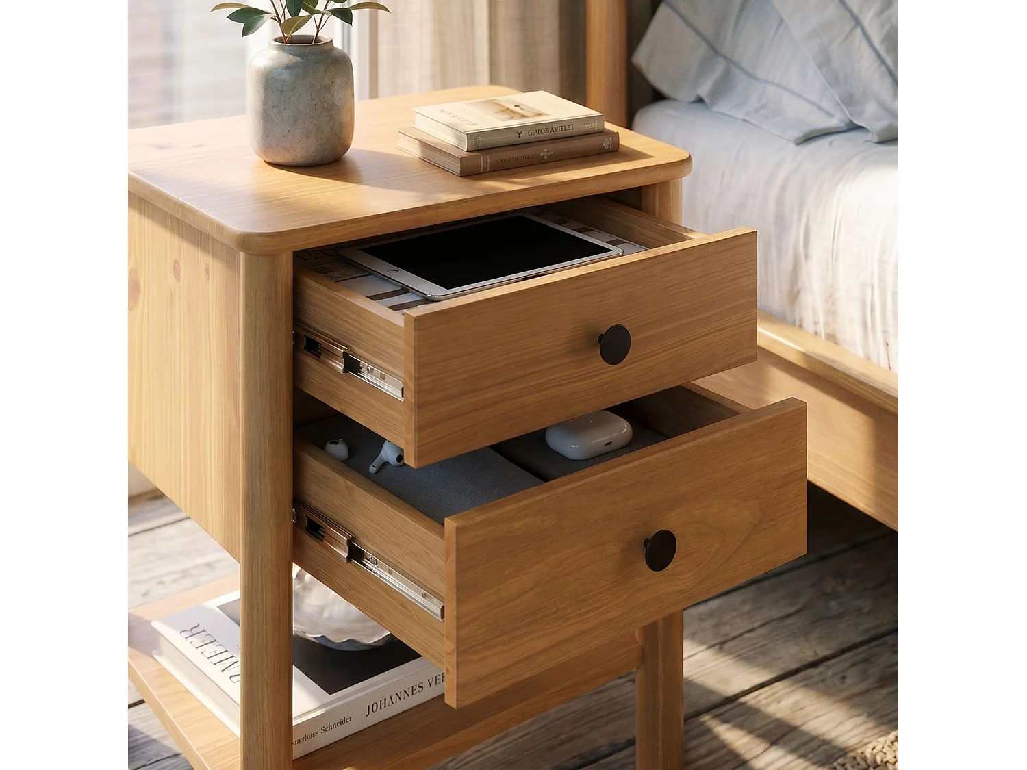 Table de chevet APOANA H 54 cm en Bois massif coloris chêne avec 2 Tiroirs et 1 Étagère inférieure
