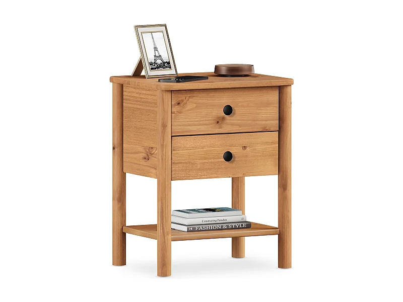 Table de chevet APOANA H 54 cm en Bois massif coloris chêne avec 2 Tiroirs et 1 Étagère inférieure