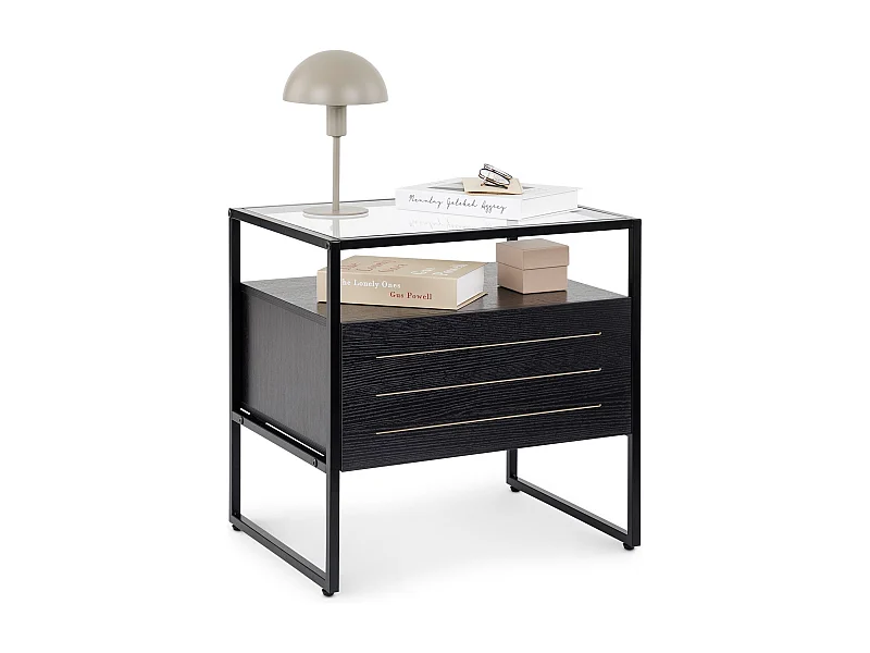 Table de chevet ARUMA H 51 cm avec 1 tiroir, Plateau en Verre au Style Moderne et Industriel Coloris Noir
