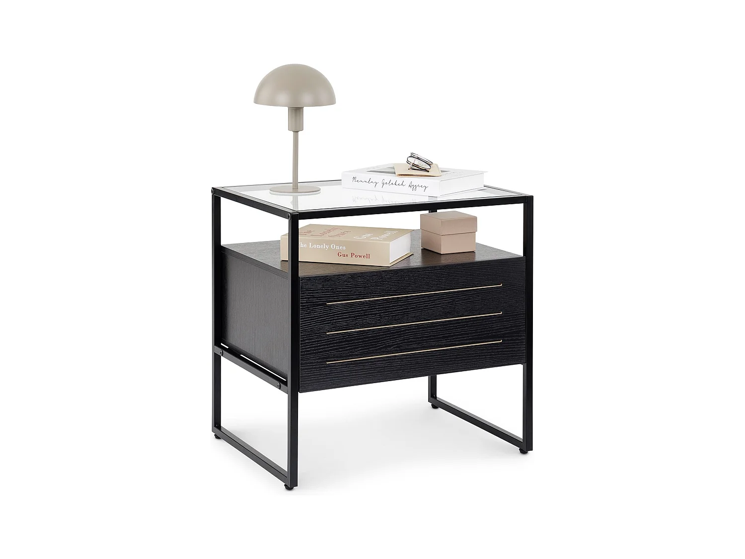Table de chevet ARUMA H 51 cm avec 1 tiroir, Plateau en Verre au Style Moderne et Industriel Coloris Noir