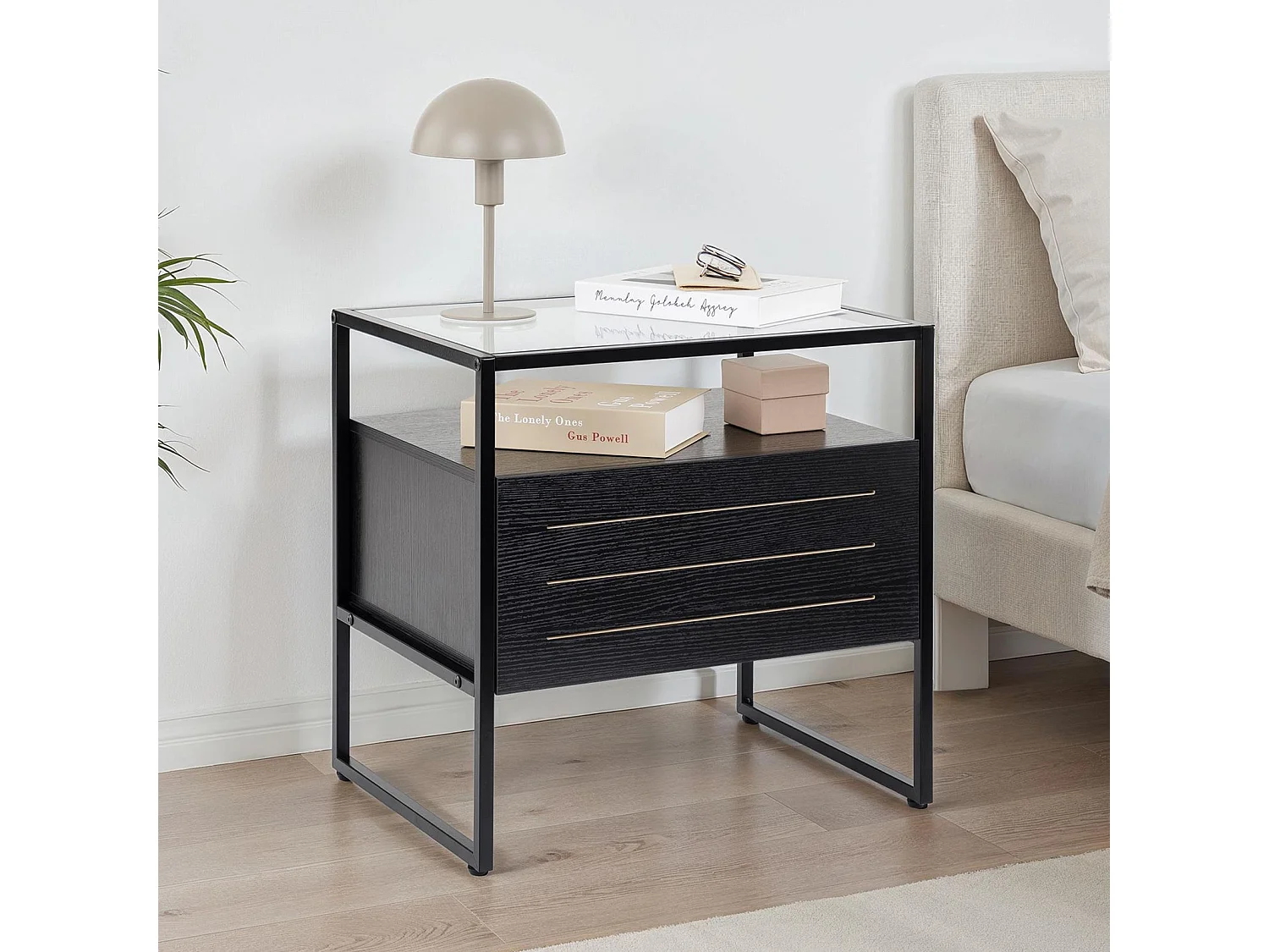 Table de chevet ARUMA H 51 cm avec 1 tiroir, Plateau en Verre au Style Moderne et Industriel Coloris Noir
