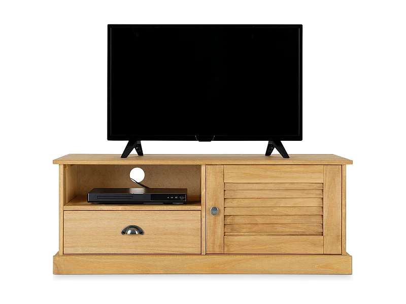 Meuble TV VENETA L 106 cm en bois massif coloris naturel avec 1 porte battante et 1 tiroir