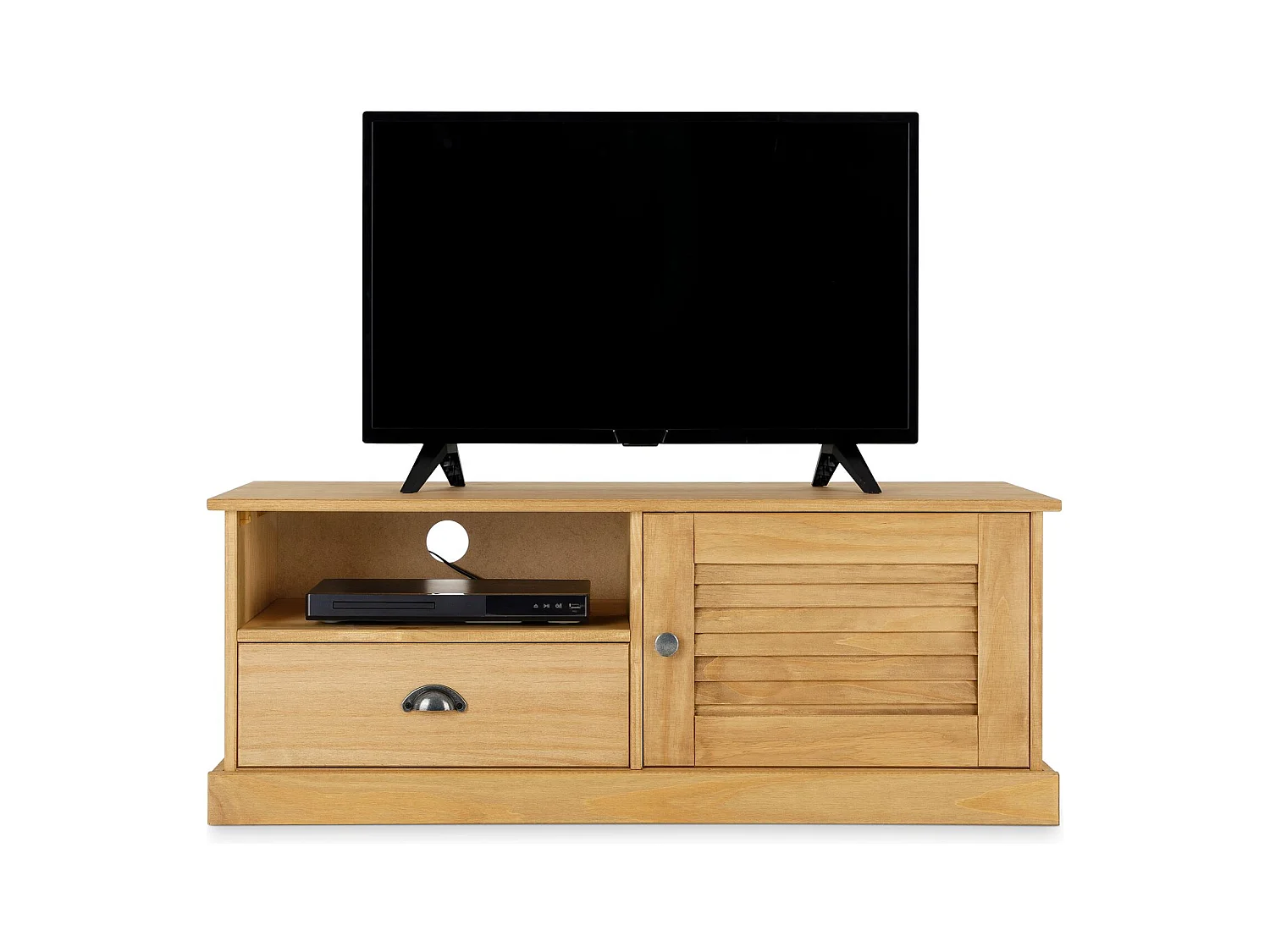 Meuble TV VENETA L 106 cm en bois massif coloris naturel avec 1 porte battante et 1 tiroir