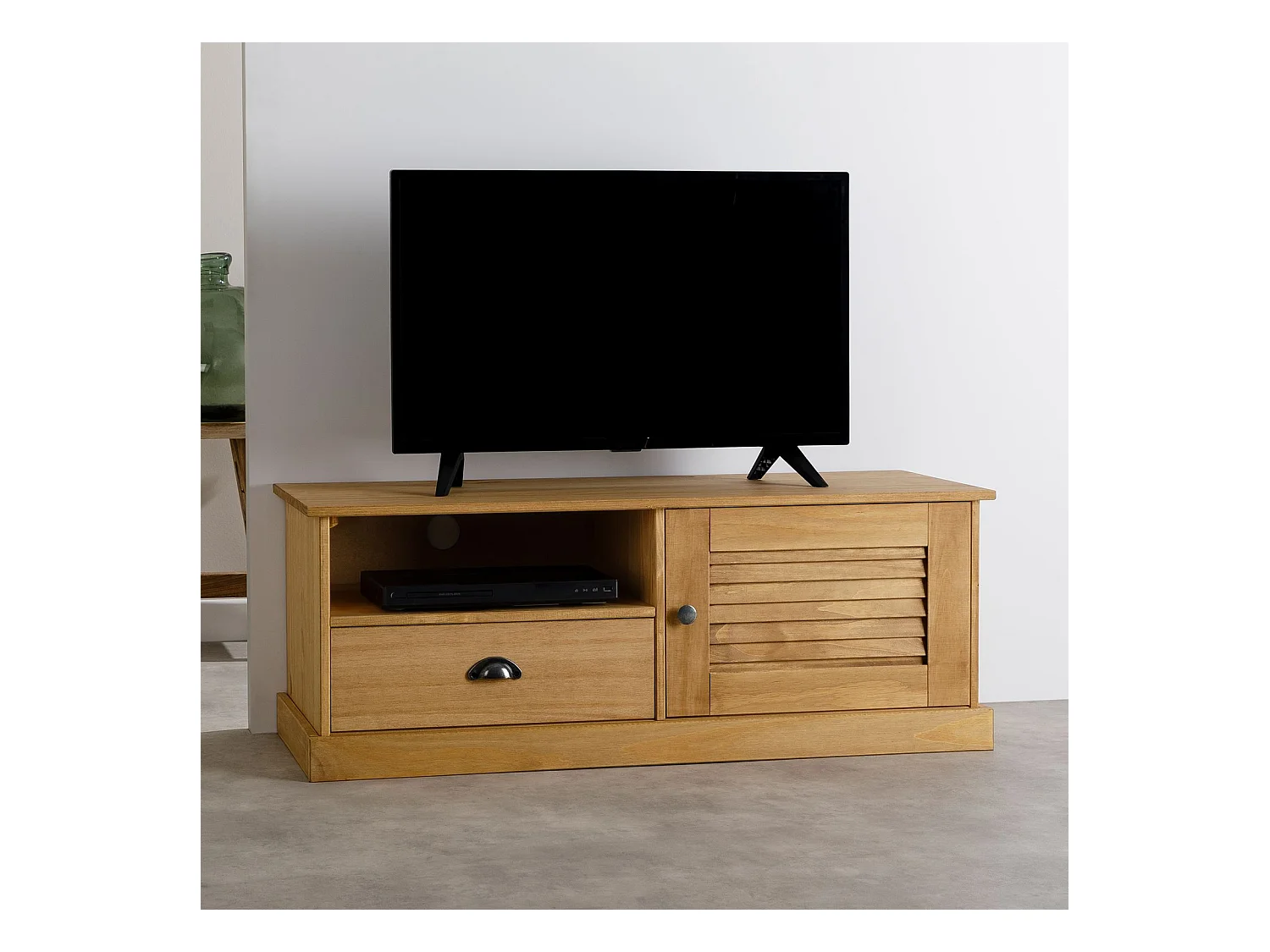 Meuble TV VENETA L 106 cm en bois massif coloris naturel avec 1 porte battante et 1 tiroir