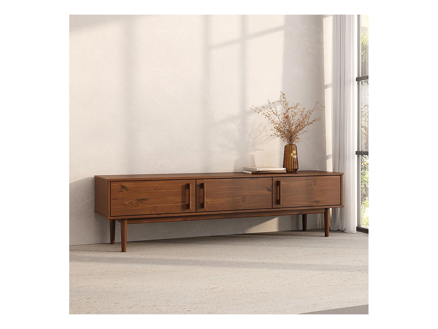 Meuble TV TECCA L 180 cm en Bois Massif Coloris Châtaignier avec 3 Portes, Pour téléviseur jusqu'à 80", Meuble Télé avec Rangement