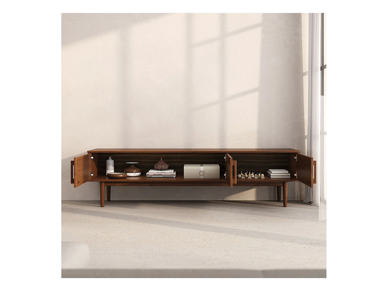 Meuble TV TECCA L 180 cm en Bois Massif Coloris Châtaignier avec 3 Portes, Pour téléviseur jusqu'à 80", Meuble Télé avec Rangement