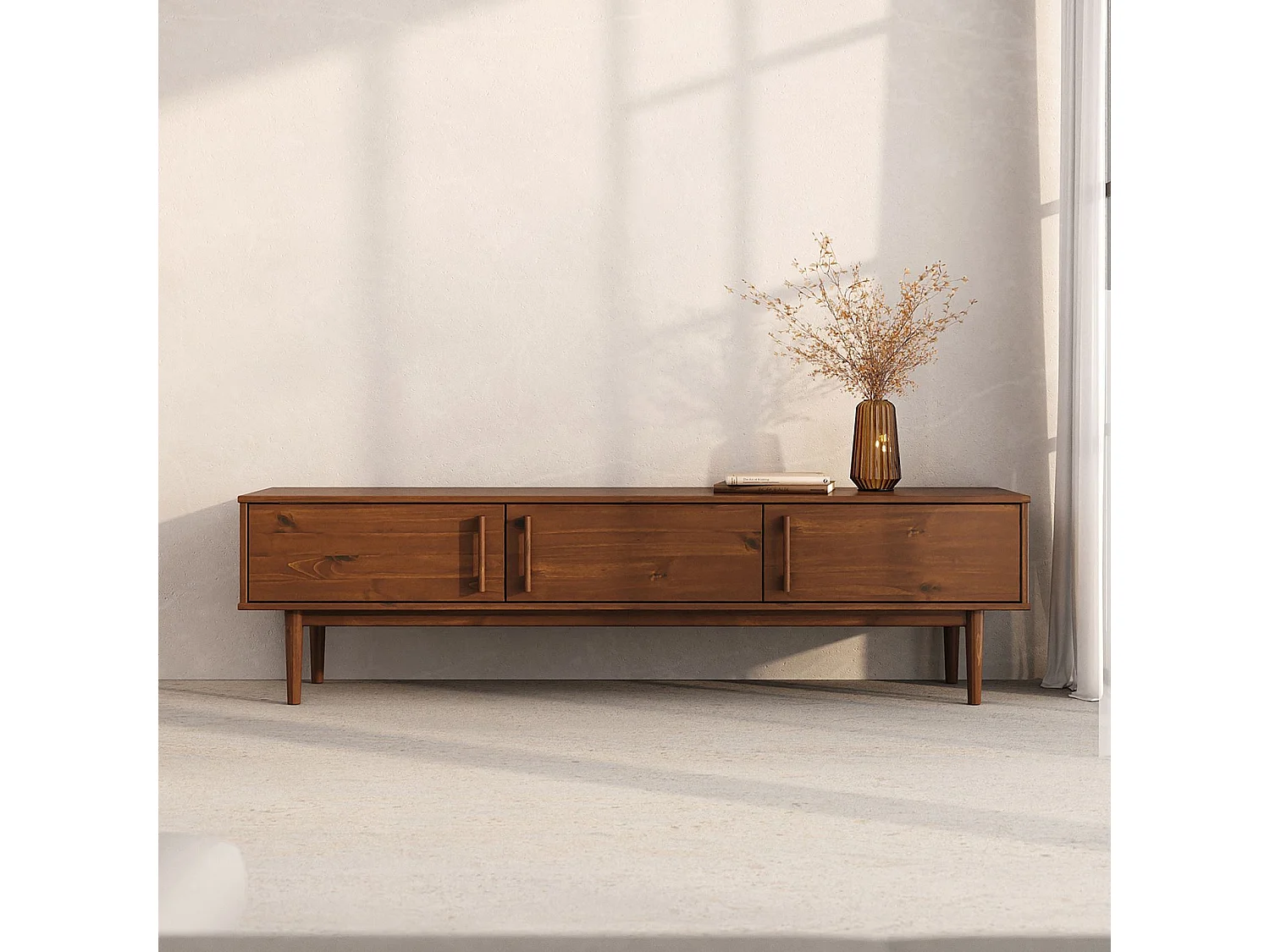 Meuble TV TECCA L 180 cm en Bois Massif Coloris Châtaignier avec 3 Portes, Pour téléviseur jusqu'à 80", Meuble Télé avec Rangement