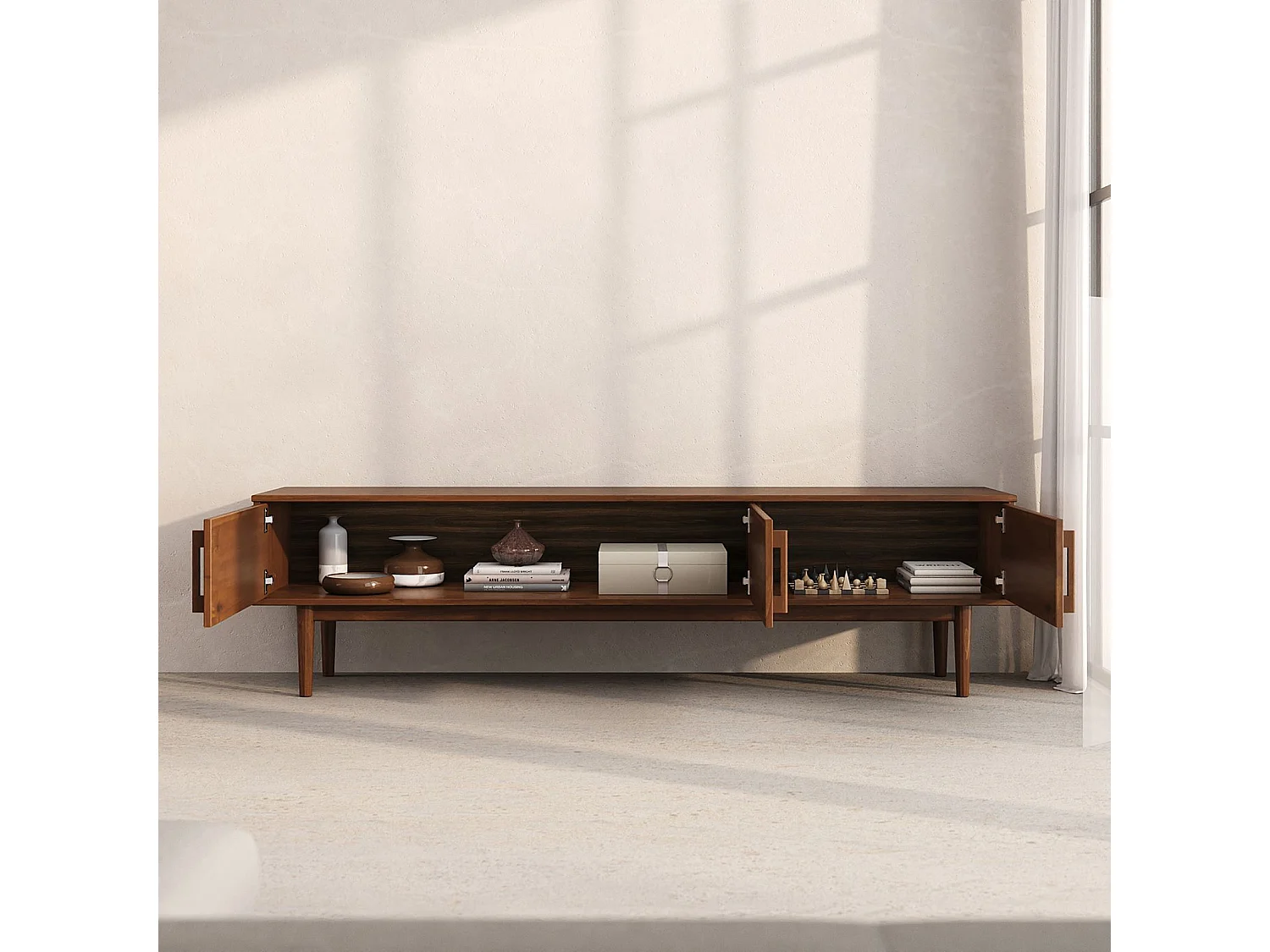 Meuble TV TECCA L 180 cm en Bois Massif Coloris Châtaignier avec 3 Portes, Pour téléviseur jusqu'à 80", Meuble Télé avec Rangement