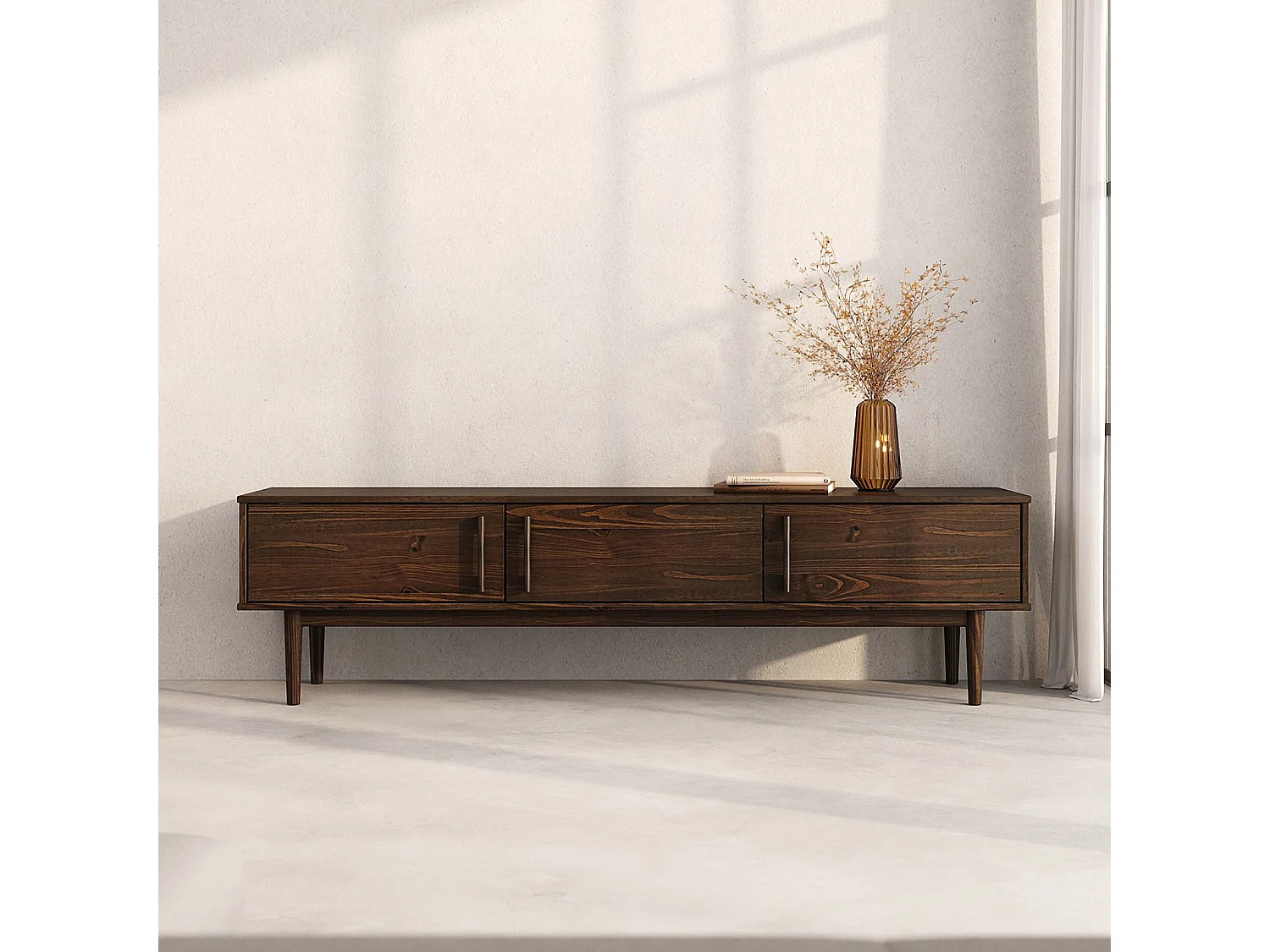 Meuble TV TECCA L 180 cm en Bois Massif Coloris Noyer avec 3 Portes, Pour téléviseur jusqu'à 80", Meuble Télé avec Rangement