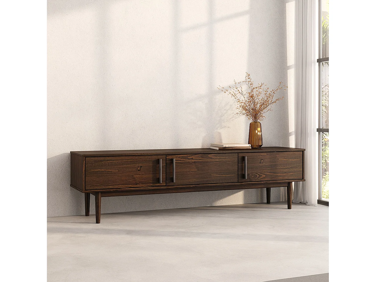 Meuble TV TECCA L 180 cm en Bois Massif Coloris Noyer avec 3 Portes, Pour téléviseur jusqu'à 80", Meuble Télé avec Rangement