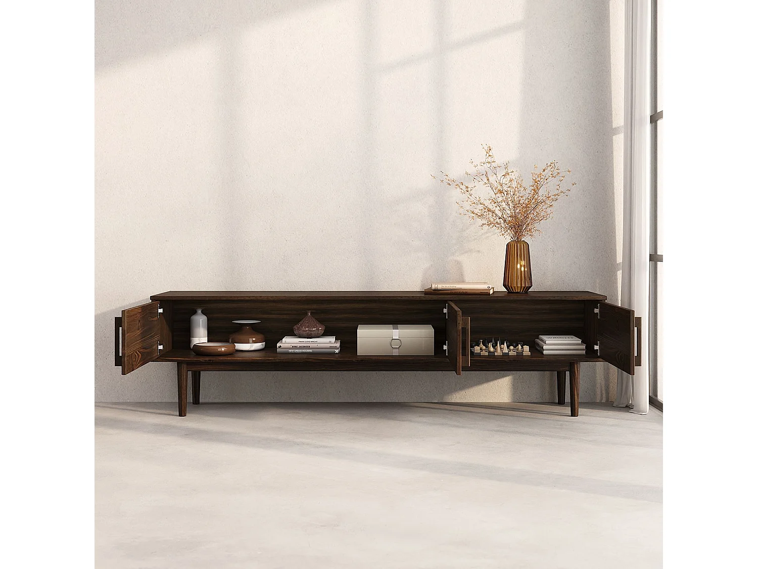 Meuble TV TECCA L 180 cm en Bois Massif Coloris Noyer avec 3 Portes, Pour téléviseur jusqu'à 80", Meuble Télé avec Rangement