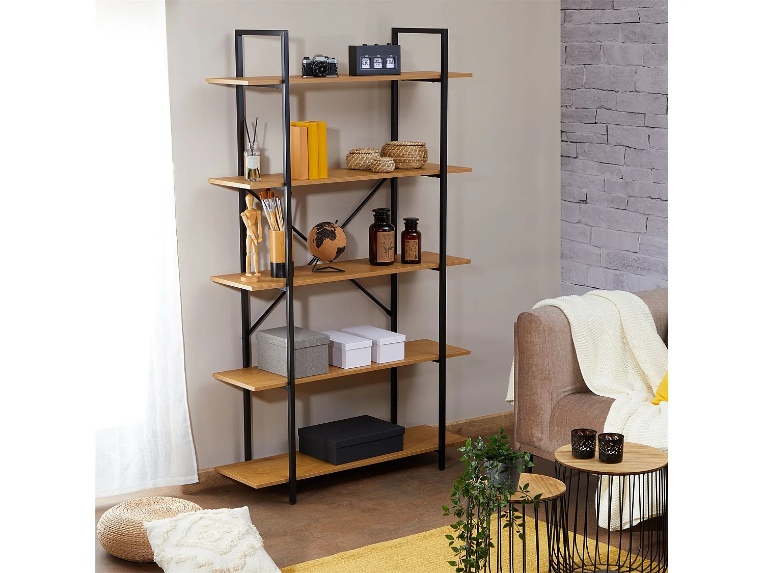 Étagère de rangement MEDA 5 étagères style industriel, en métal et MDF décor chêne sauvage