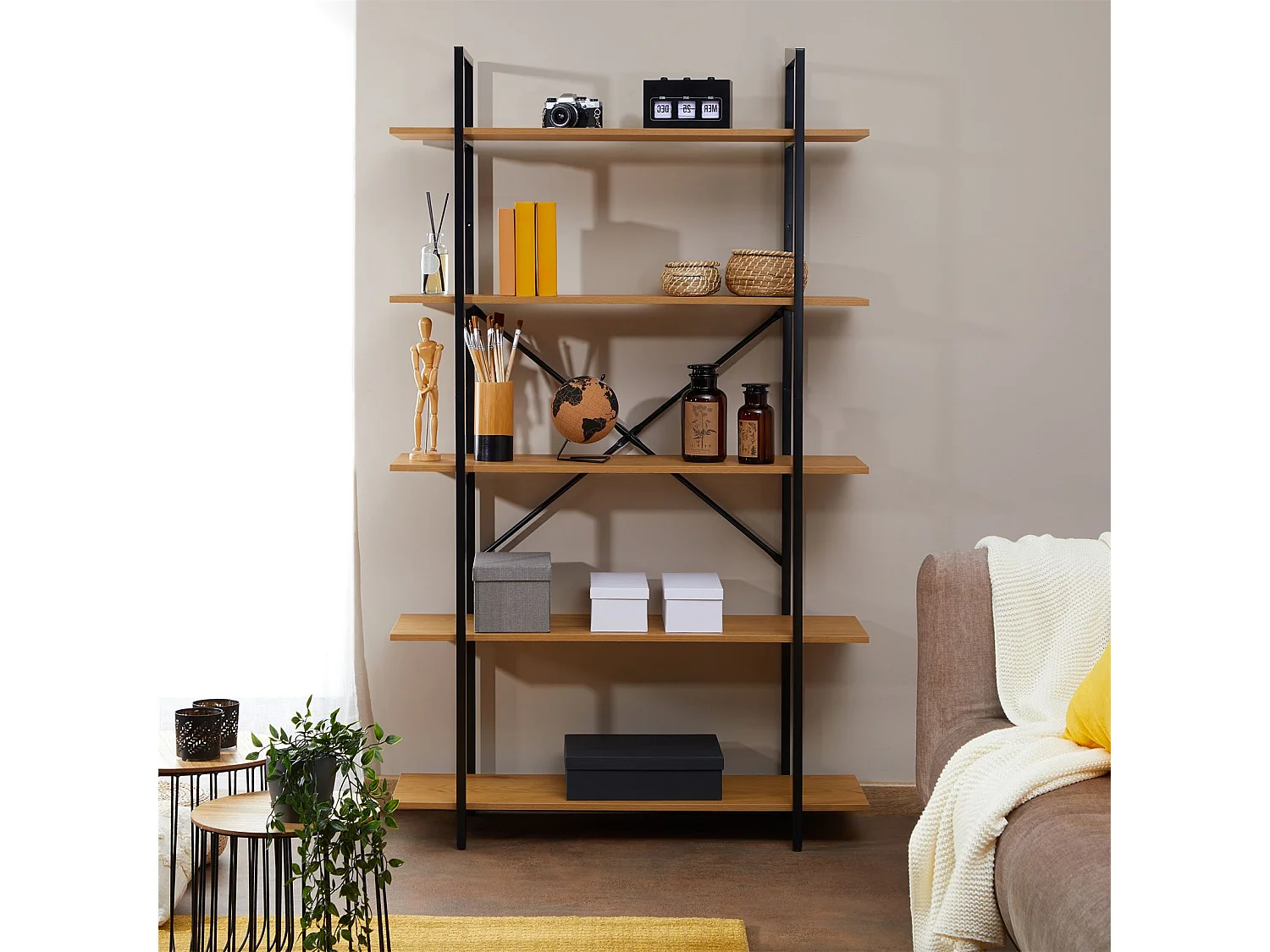 Étagère de rangement MEDA 5 étagères style industriel, en métal et MDF décor chêne sauvage