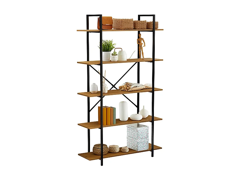 Étagère de rangement MEDA 5 étagères style industriel, en métal et MDF décor chêne sauvage