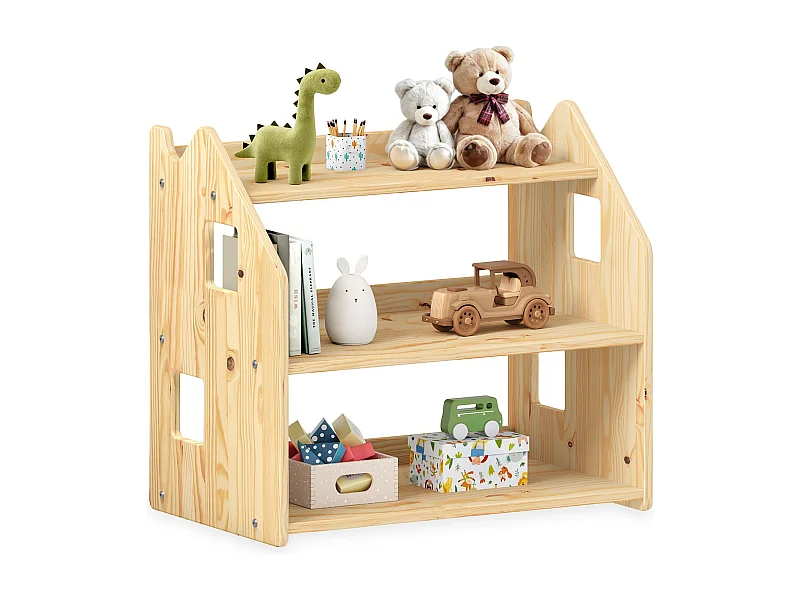 Étagère enfant YASMIN forme maison 3 étages 65 x 60 x 41 cm bois coloris naturel – idéale chambre rangement Montessori