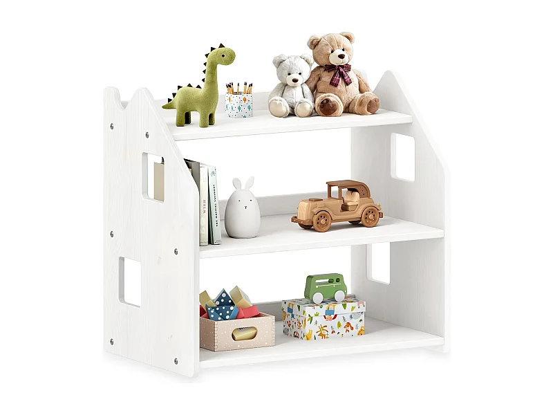 Étagère enfant YASMIN forme maison 3 étages 65 x 60 x 41 cm bois lasuré blanc – idéale chambre rangement Montessori