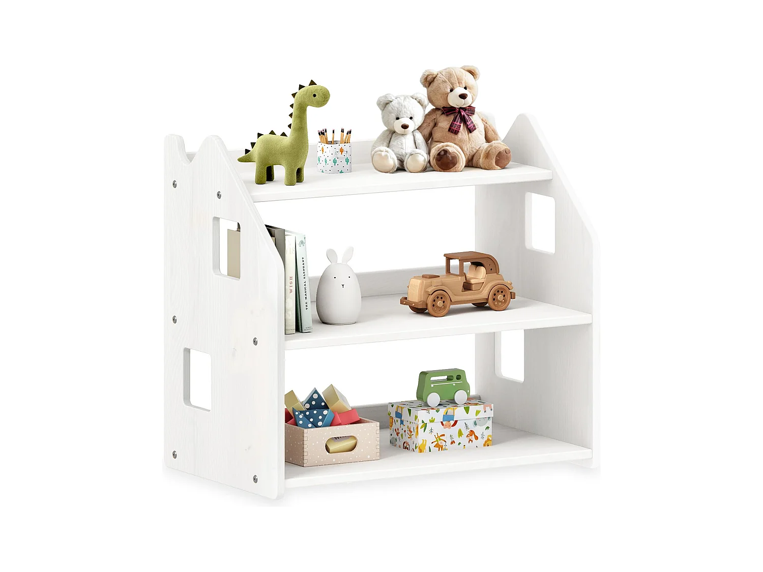 Étagère enfant YASMIN forme maison 3 étages 65 x 60 x 41 cm bois lasuré blanc – idéale chambre rangement Montessori