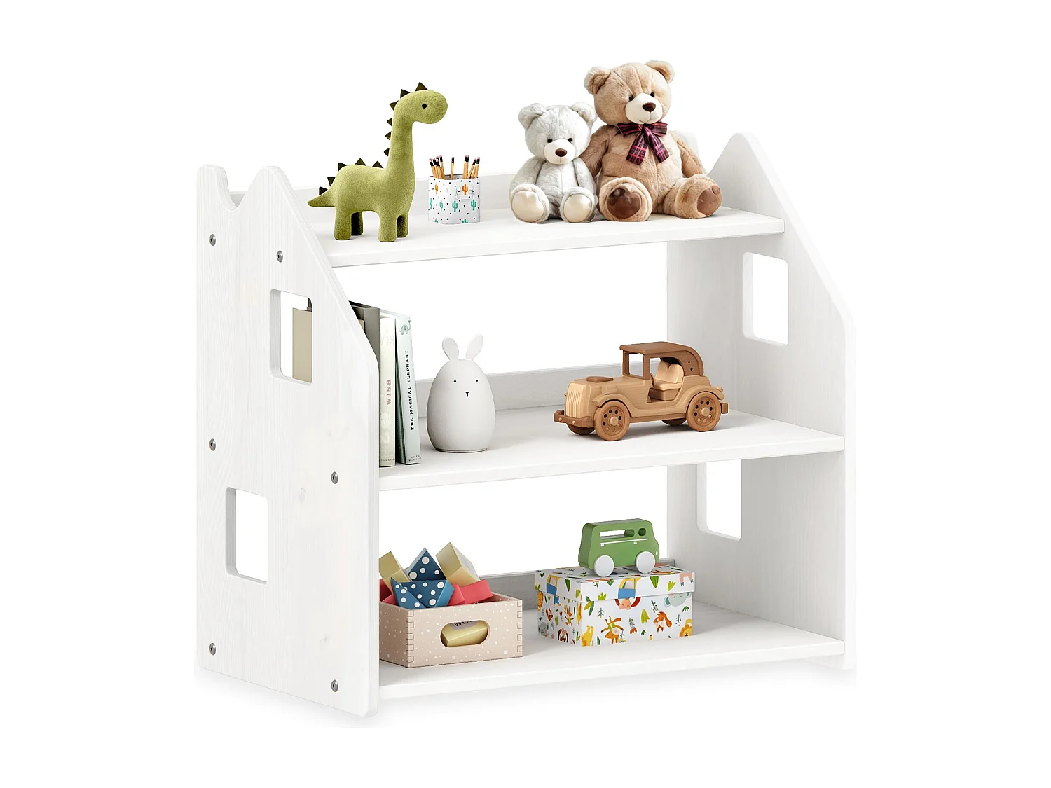 Étagère enfant YASMIN forme maison 3 étages 65 x 60 x 41 cm bois lasuré blanc – idéale chambre rangement Montessori