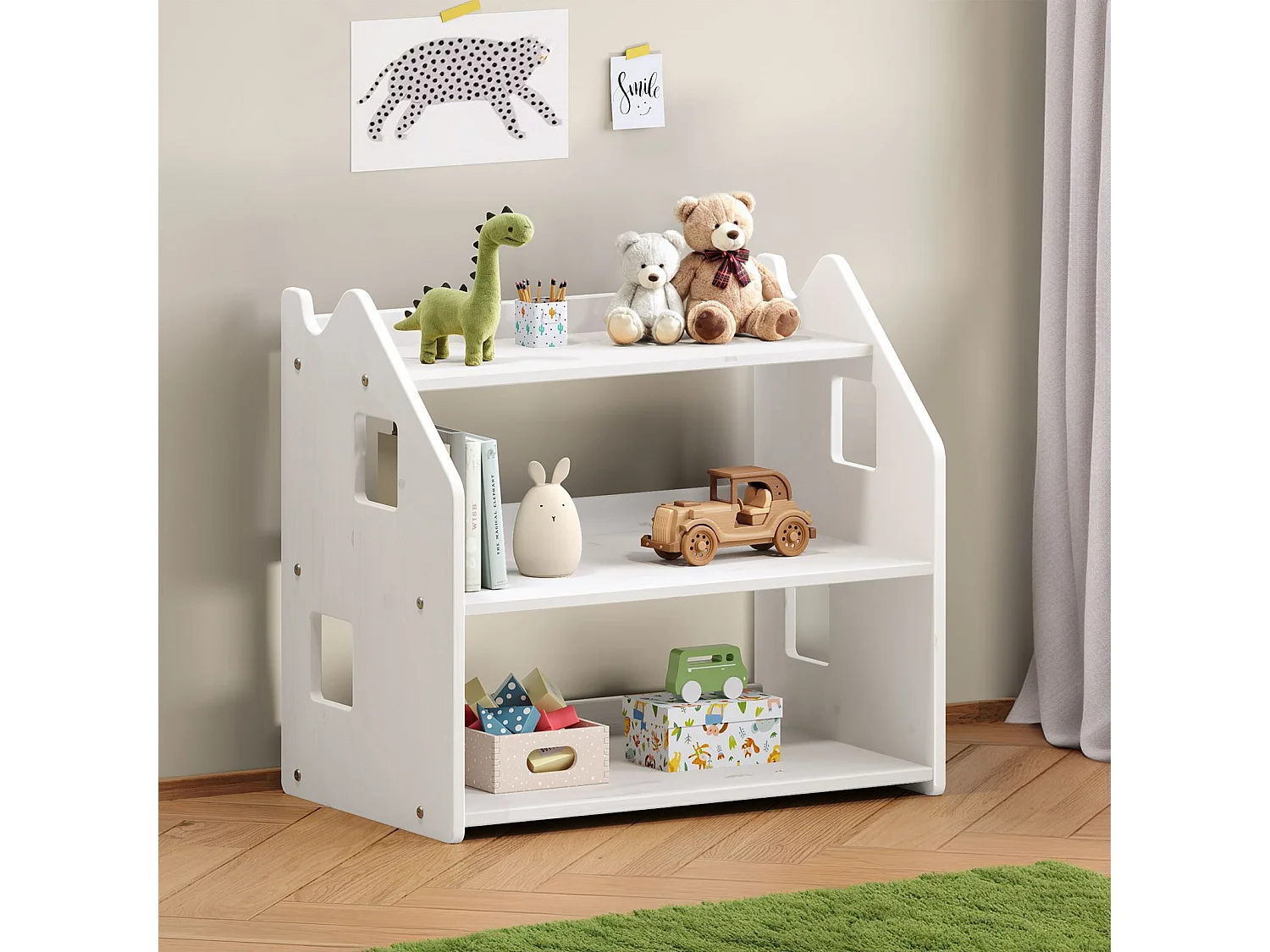 Étagère enfant YASMIN forme maison 3 étages 65 x 60 x 41 cm bois lasuré blanc – idéale chambre rangement Montessori