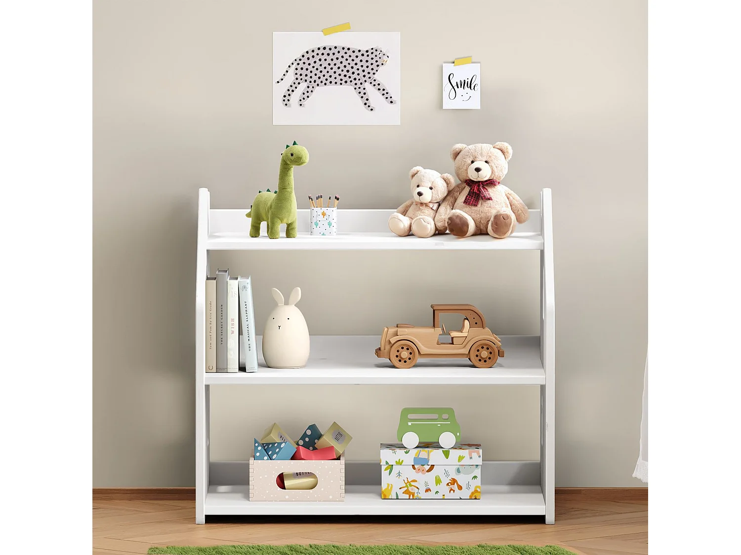 Étagère enfant YASMIN forme maison 3 étages 65 x 60 x 41 cm bois lasuré blanc – idéale chambre rangement Montessori