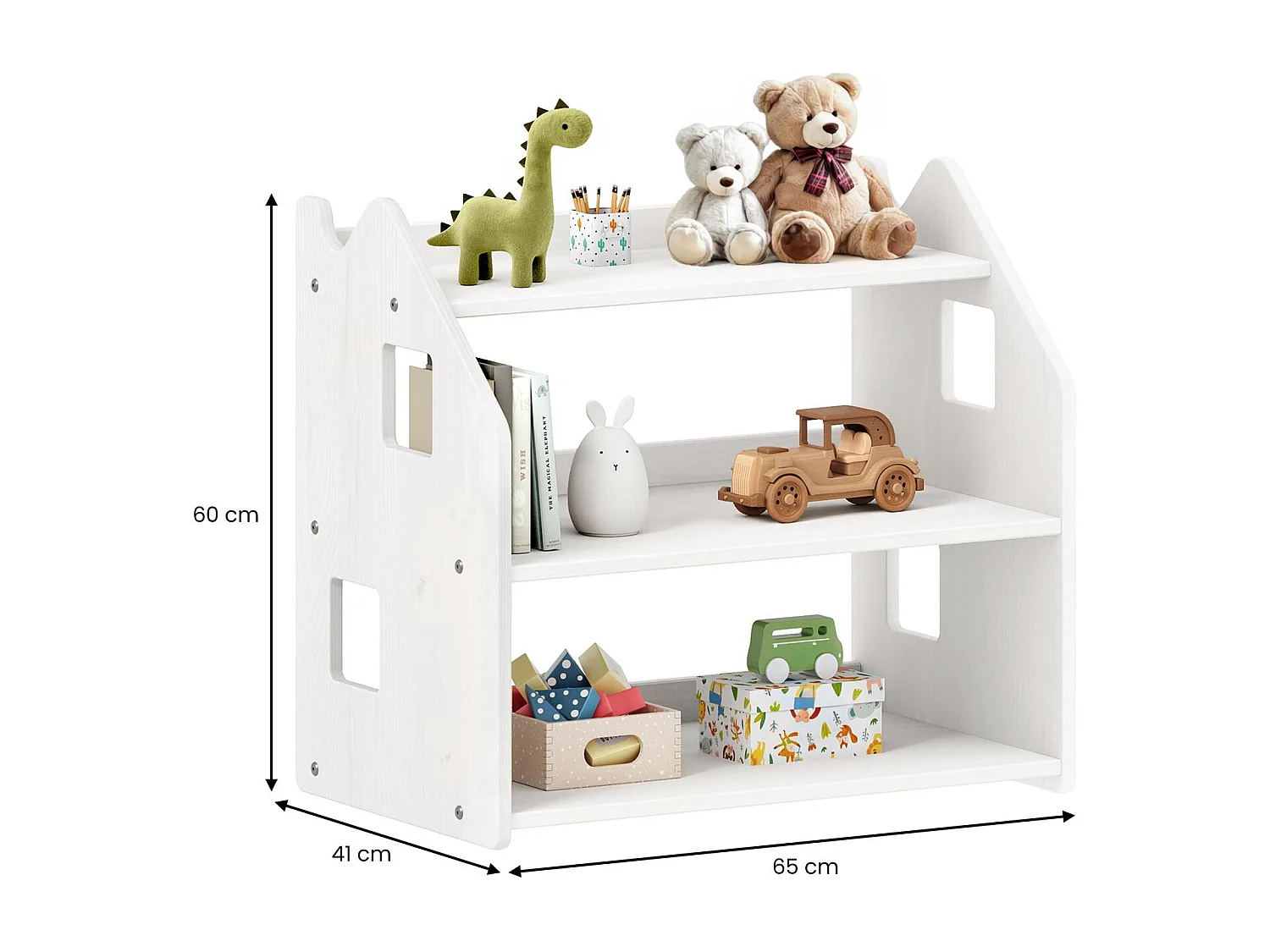 Étagère enfant YASMIN forme maison 3 étages 65 x 60 x 41 cm bois lasuré blanc – idéale chambre rangement Montessori