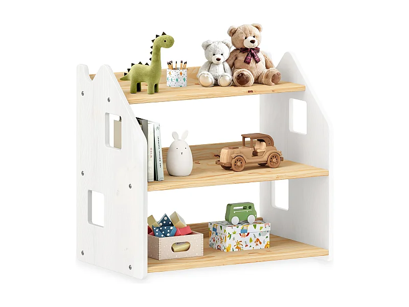 Étagère enfant YASMIN forme maison 3 étages 65 x 60 x 41 cm bois lasuré naturel/blanc – idéale chambre rangement Montessori