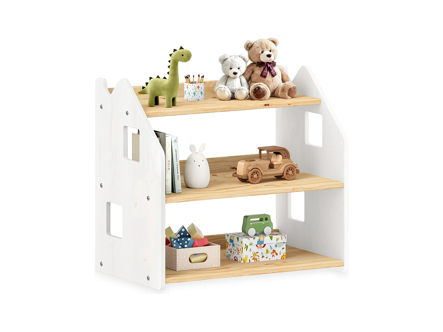 Étagère enfant YASMIN forme maison 3 étages 65 x 60 x 41 cm bois lasuré naturel/blanc – idéale chambre rangement Montessori