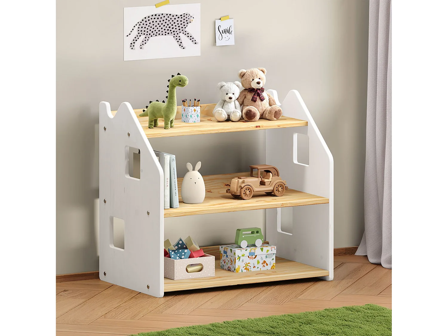 Étagère enfant YASMIN forme maison 3 étages 65 x 60 x 41 cm bois lasuré naturel/blanc – idéale chambre rangement Montessori
