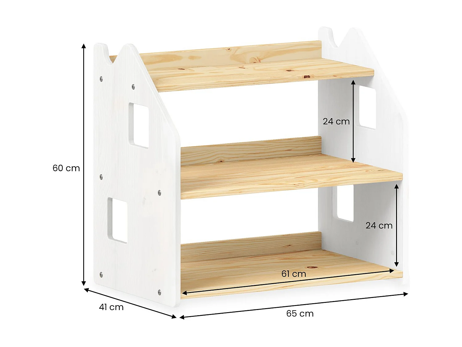 Étagère enfant YASMIN forme maison 3 étages 65 x 60 x 41 cm bois lasuré naturel/blanc – idéale chambre rangement Montessori