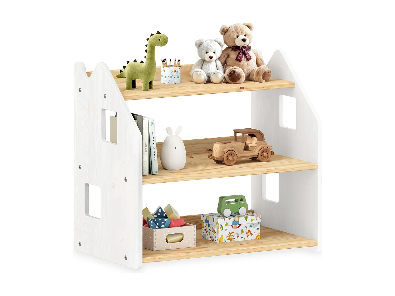 Étagère enfant YASMIN forme maison 3 étages 65 x 60 x 41 cm bois lasuré naturel/blanc – idéale chambre rangement Montessori