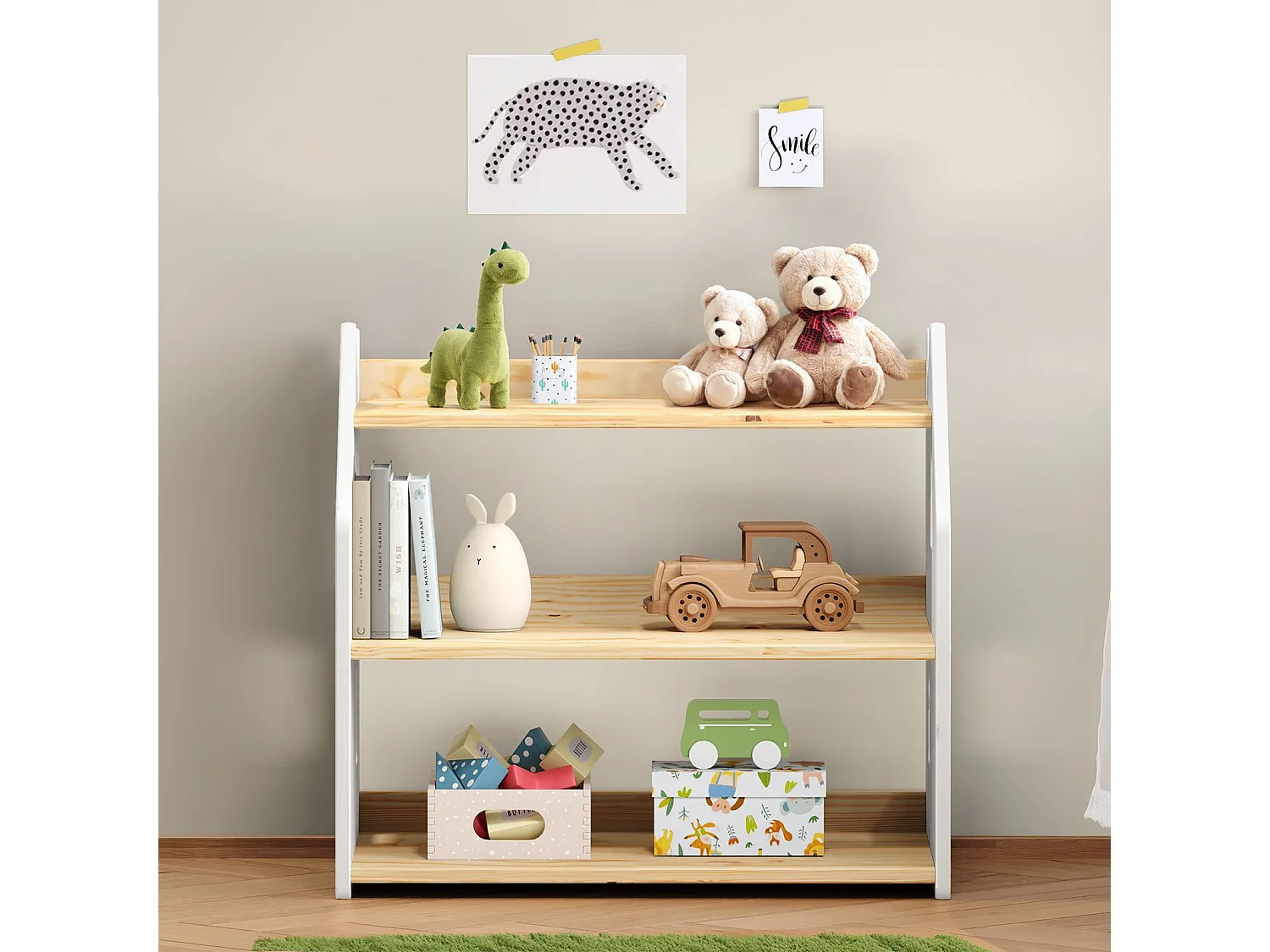 Étagère enfant YASMIN forme maison 3 étages 65 x 60 x 41 cm bois lasuré naturel/blanc – idéale chambre rangement Montessori