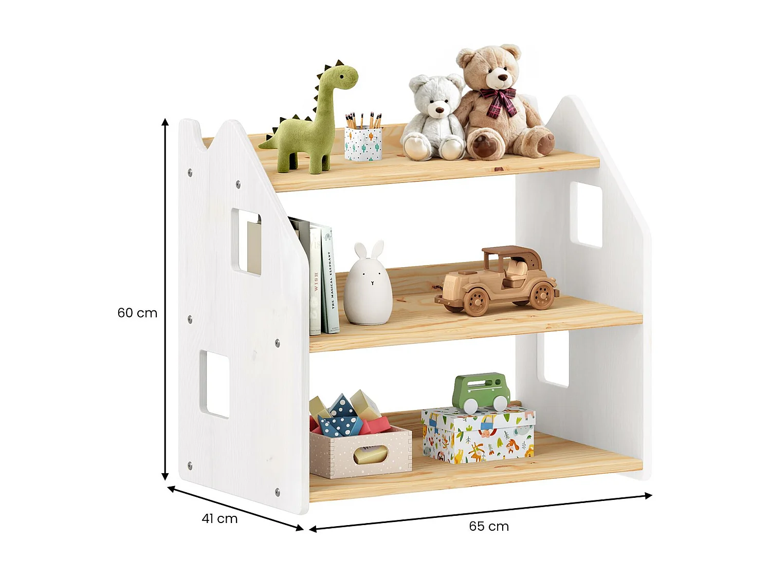 Étagère enfant YASMIN forme maison 3 étages 65 x 60 x 41 cm bois lasuré naturel/blanc – idéale chambre rangement Montessori
