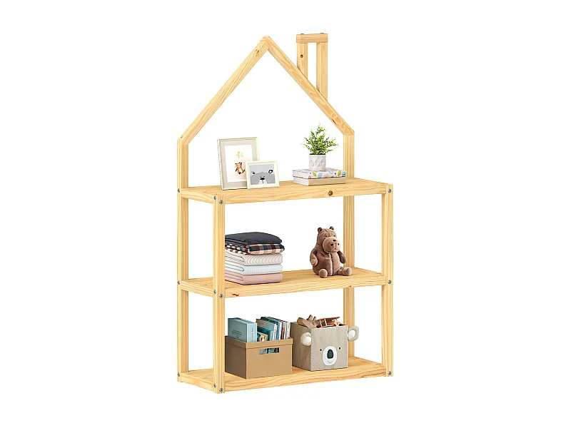 Étagère enfant LENISE en pin massif, meuble rangement chambre enfant en forme de maison en bois coloris naturel