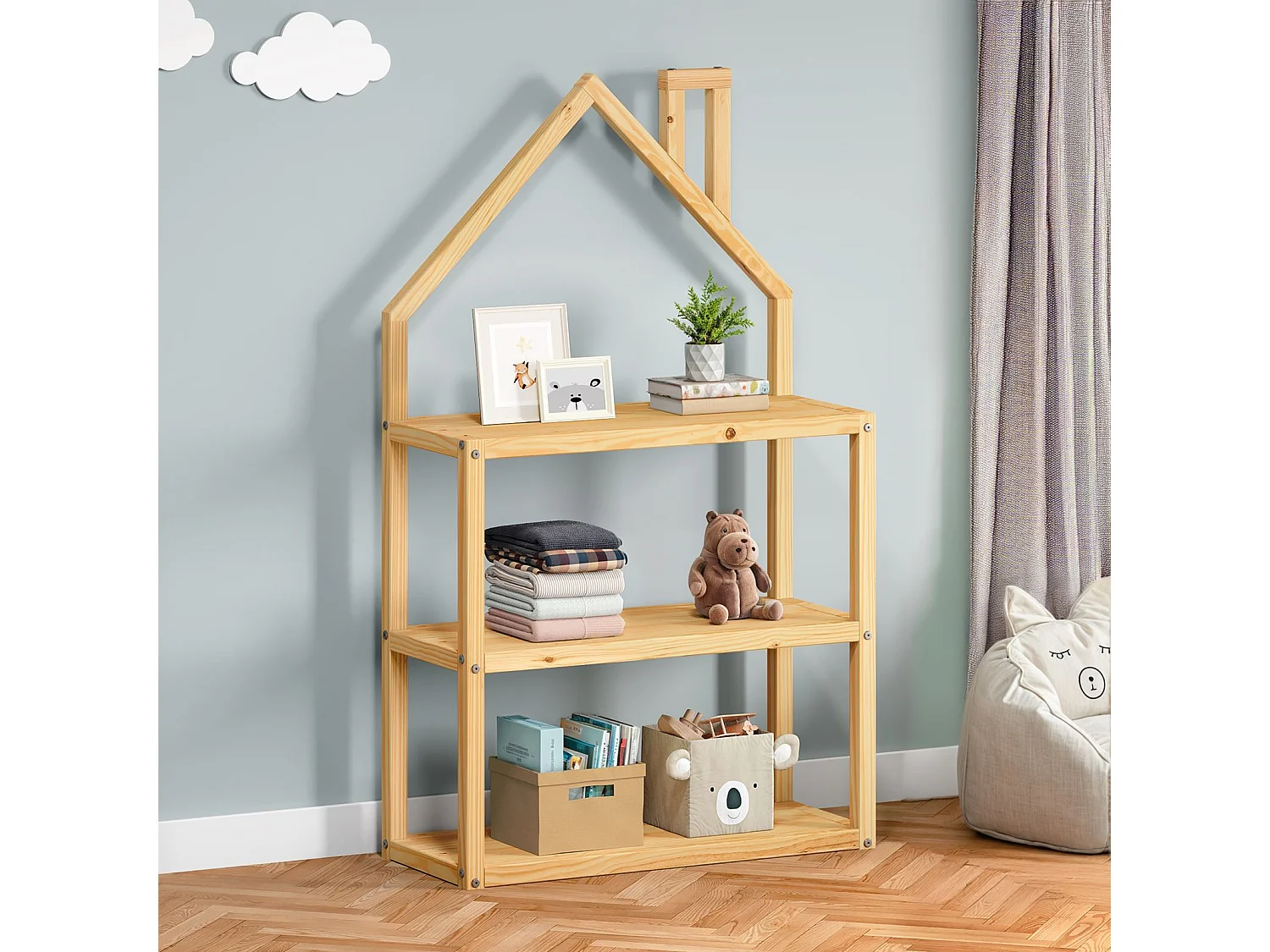 Étagère enfant LENISE en pin massif, meuble rangement chambre enfant en forme de maison en bois coloris naturel