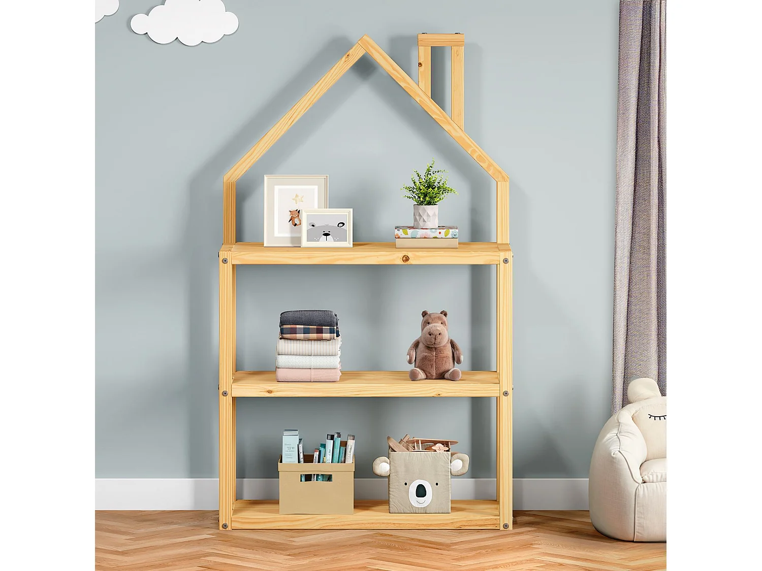 Étagère enfant LENISE en pin massif, meuble rangement chambre enfant en forme de maison en bois coloris naturel