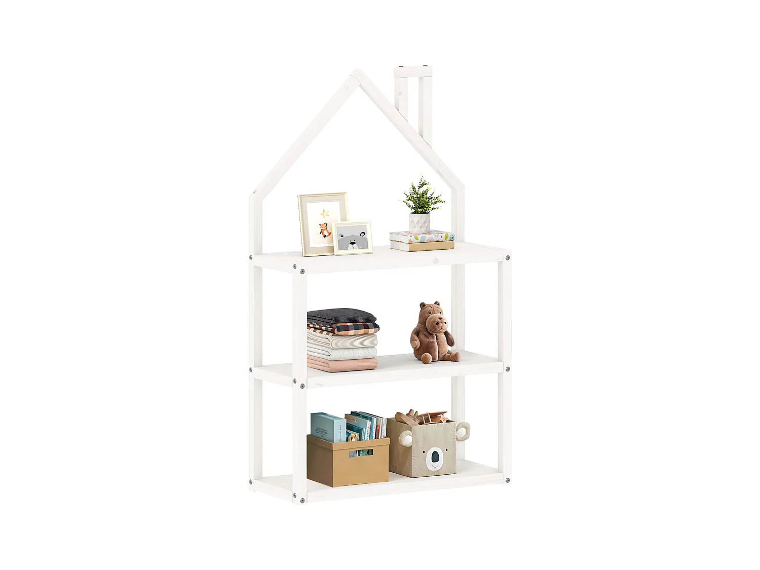 Étagère enfant LENISE en pin massif, meuble rangement chambre enfant en forme de maison en bois lasuré blanc