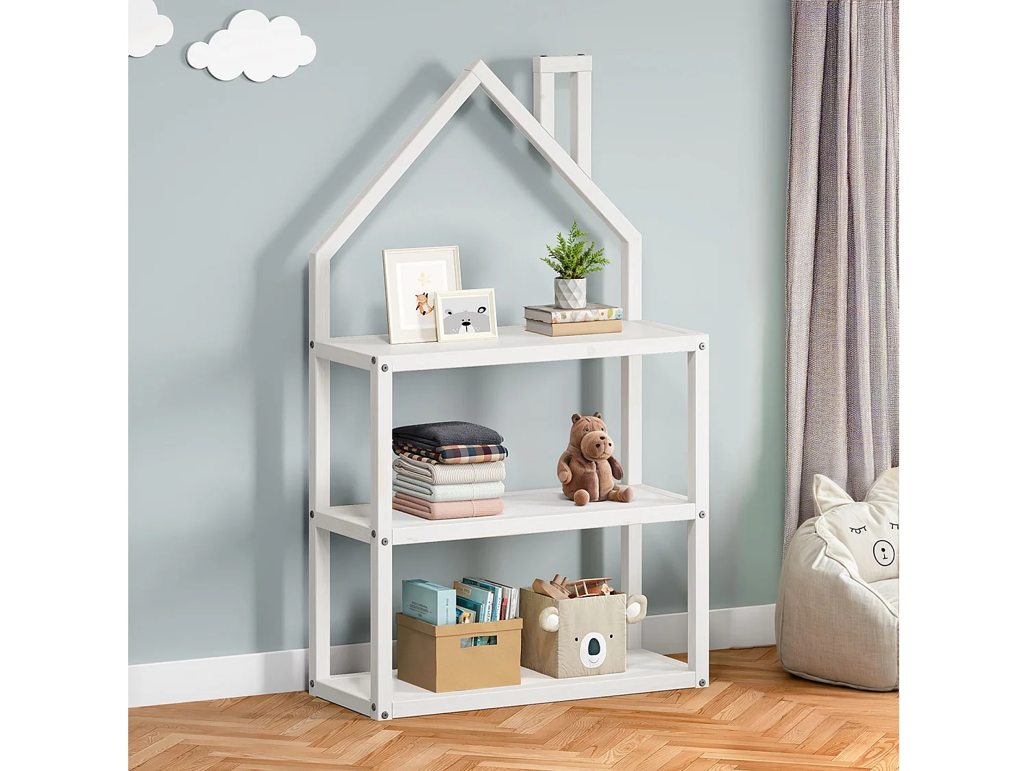 Étagère enfant LENISE en pin massif, meuble rangement chambre enfant en forme de maison en bois lasuré blanc