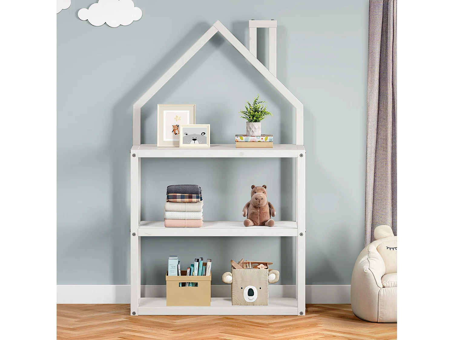 Étagère enfant LENISE en pin massif, meuble rangement chambre enfant en forme de maison en bois lasuré blanc