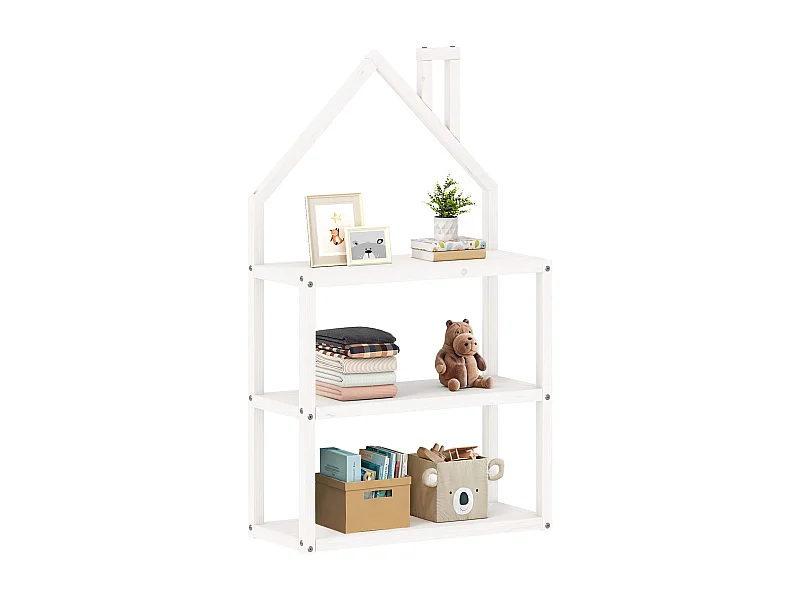 Étagère enfant LENISE en pin massif, meuble rangement chambre enfant en forme de maison en bois lasuré blanc