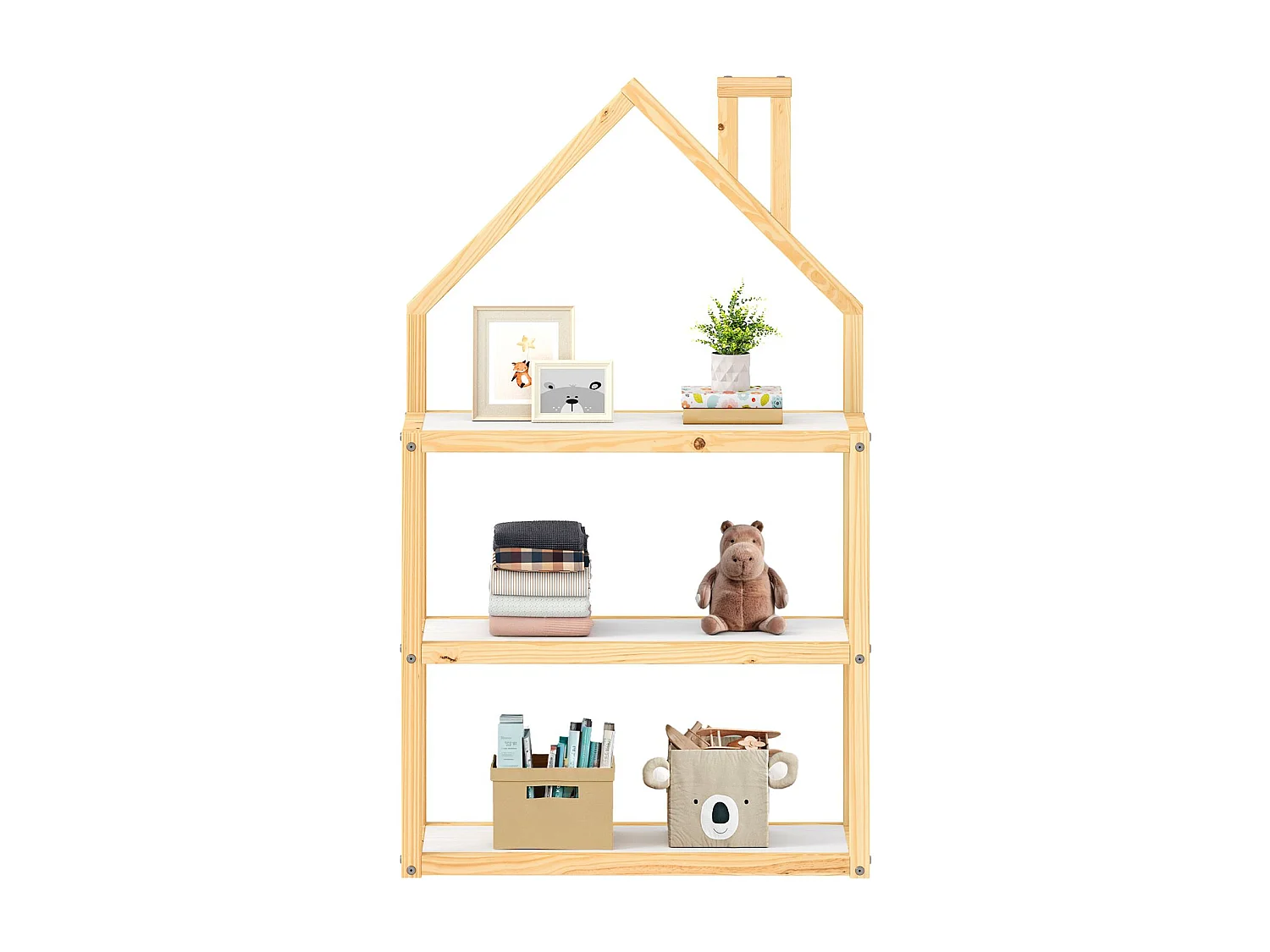 Étagère enfant LENISE en pin massif, meuble rangement chambre enfant en forme de maison en bois lasuré blanc/naturel