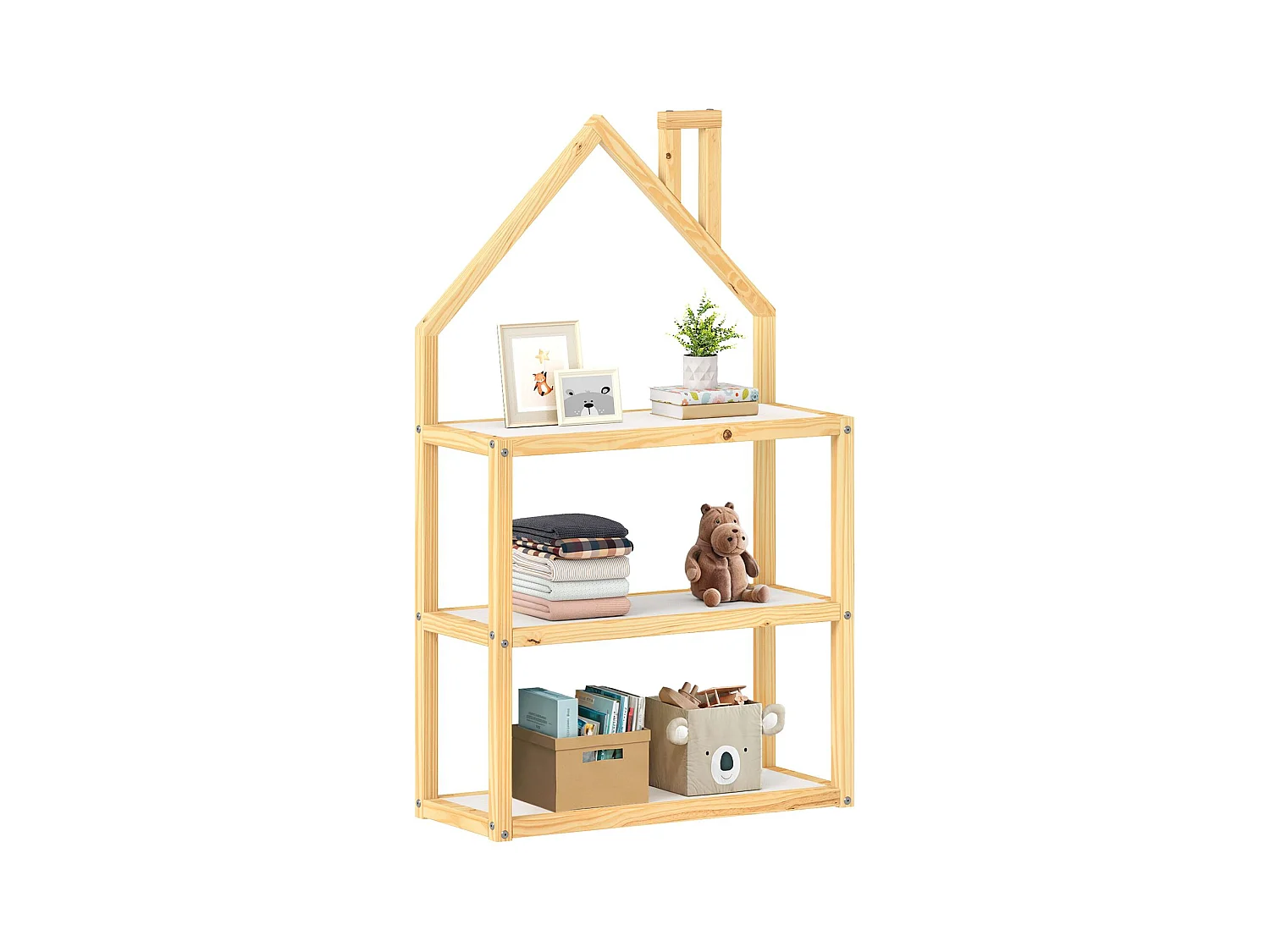 Étagère enfant LENISE en pin massif, meuble rangement chambre enfant en forme de maison en bois lasuré blanc/naturel