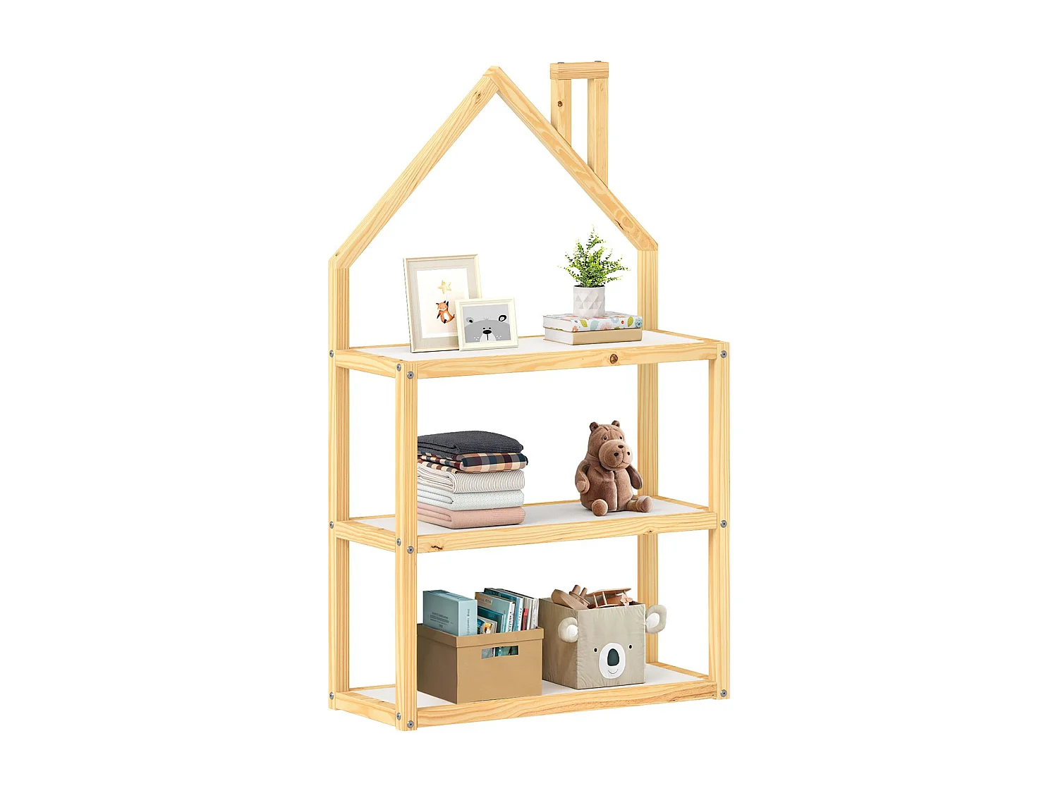 Étagère enfant LENISE en pin massif, meuble rangement chambre enfant en forme de maison en bois lasuré blanc/naturel